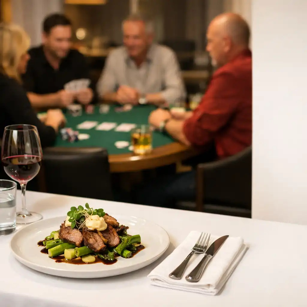 Plated food near a physical poker table in The Grand Hearth restaurant
