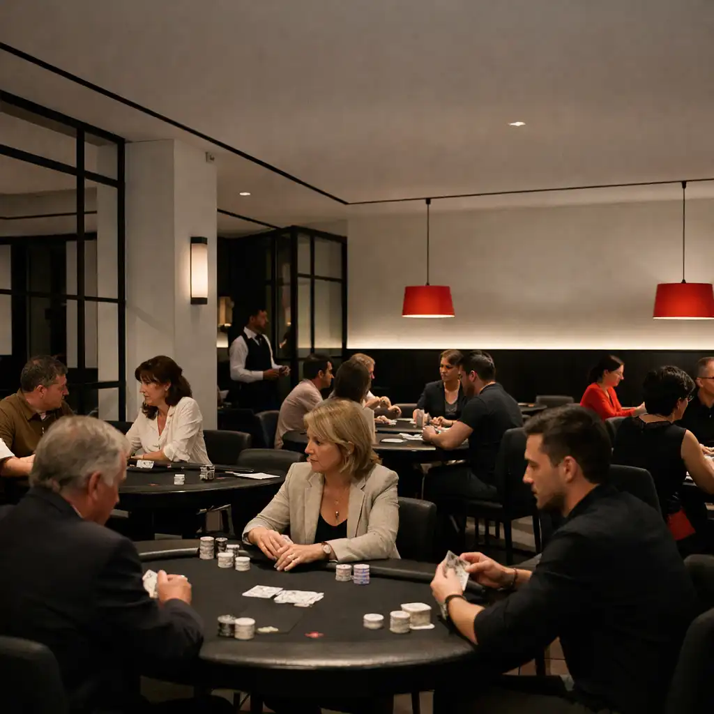 Evening interior of The Grand Hearth card room with physical poker tables and guests