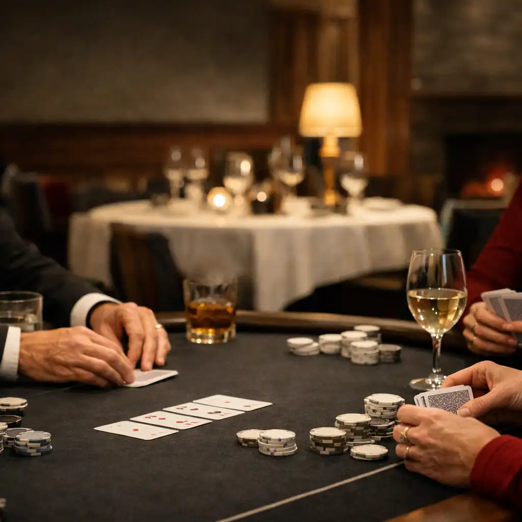 Guests handling cards at a physical poker table inside The Grand Hearth card room