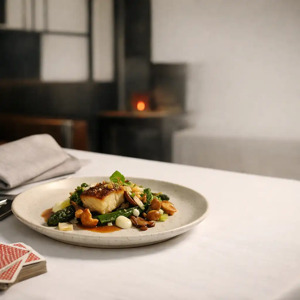 A plated dish and physical playing cards on a table at The Grand Hearth