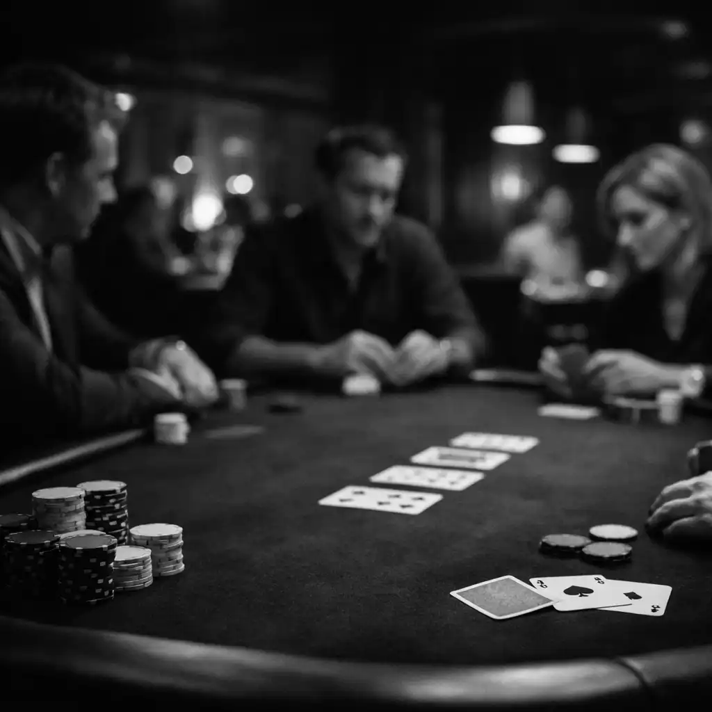 People seated at a physical poker table in The Grand Hearth card room
