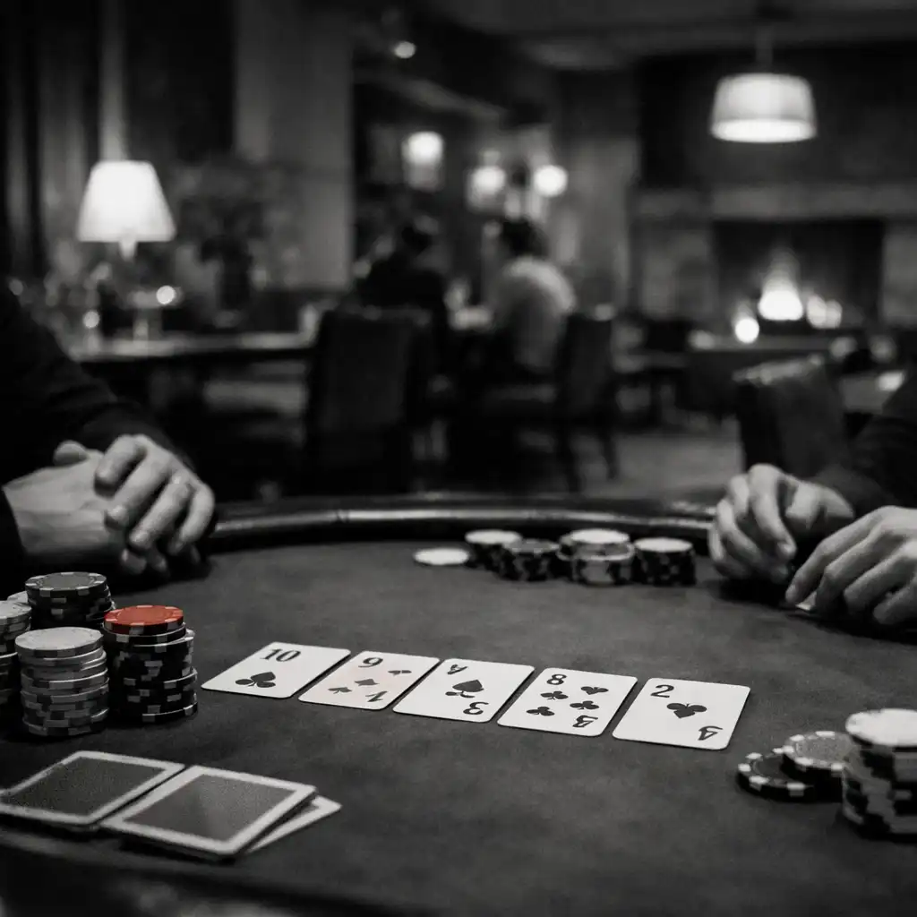 A prepared physical poker table in a softly lit card-room setting
