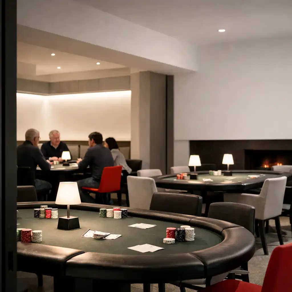 The on-site card room at The Grand Hearth, prepared with physical poker tables.