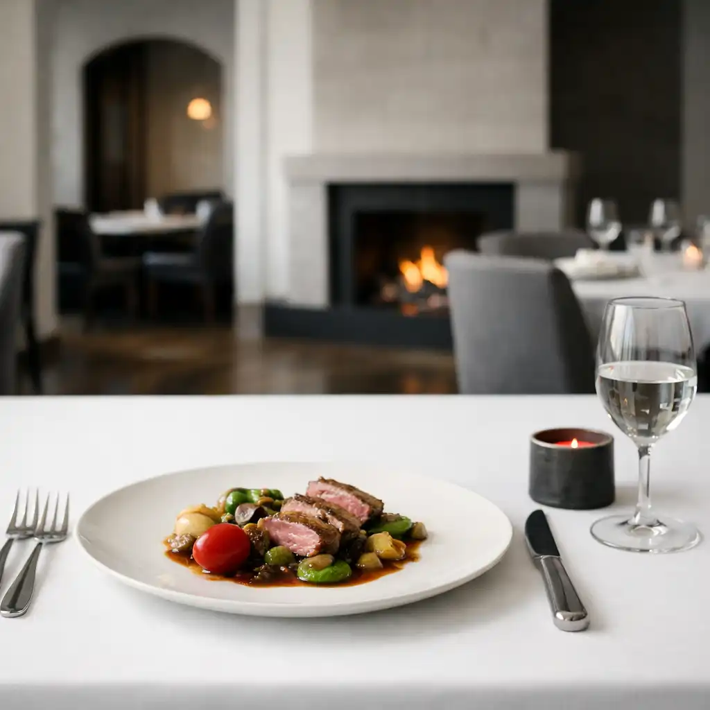 A composed plated dish on a white table with a calm architectural dining room beyond