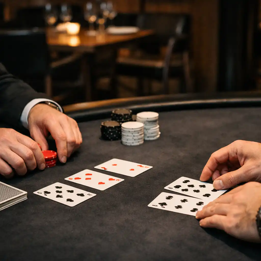 Hands arranging cards and plain chips on a physical poker table in a restaurant card room