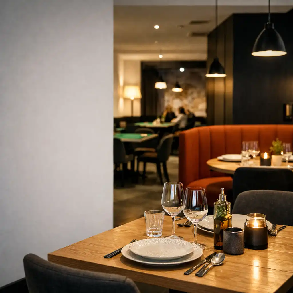 A dressed dining table in The Grand Hearth with the restaurant room beyond.