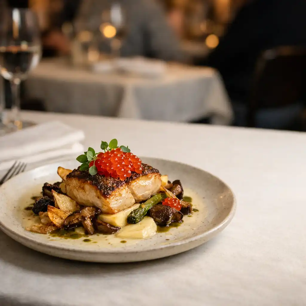 A refined plated dish on a table with the dining room softly visible behind it.