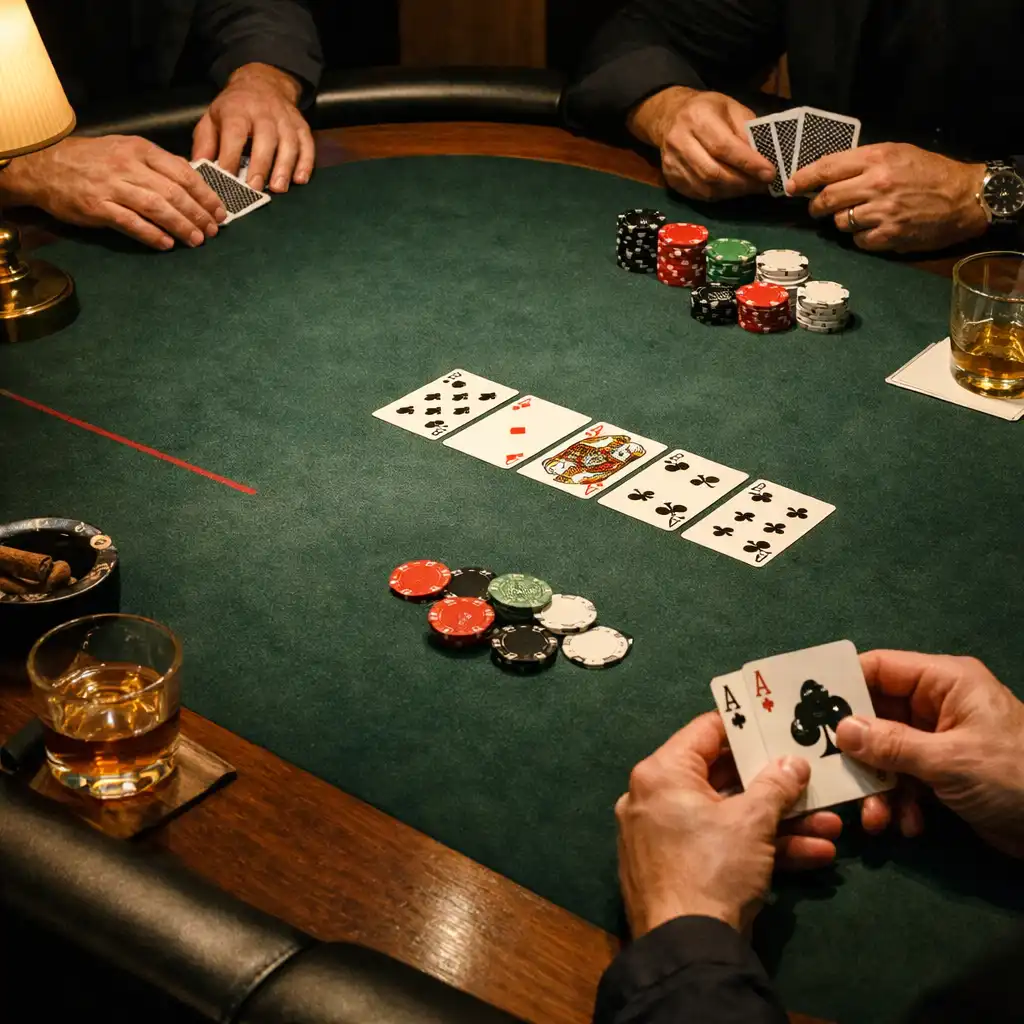 Hands, cards and chips at a physical poker table in The Grand Hearth card room.