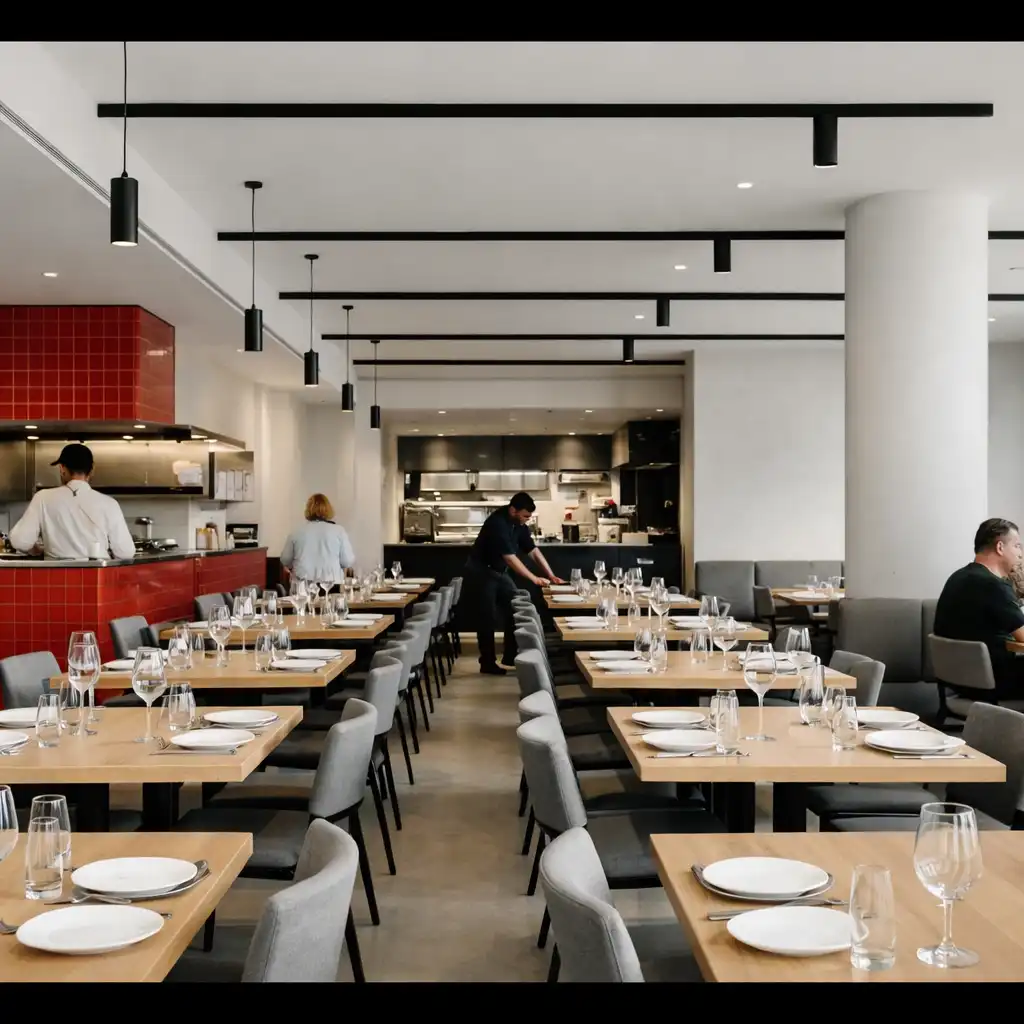 A wide view through The Grand Hearth dining room in Melbourne.