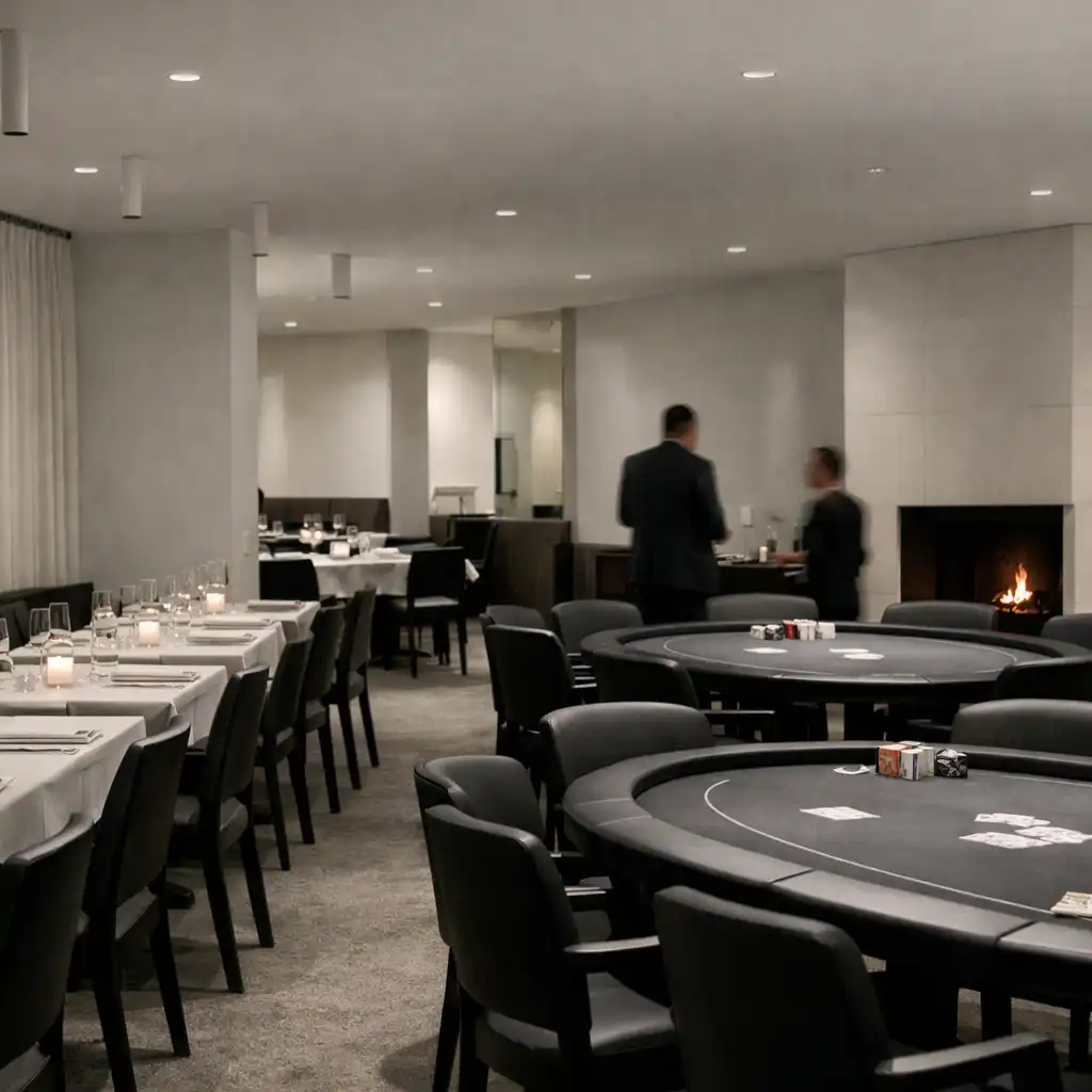 Restaurant and physical card-room setting with prepared poker tables at The Grand Hearth