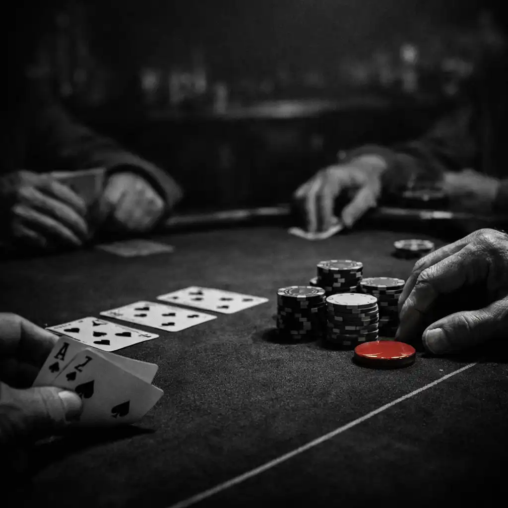 Adult hands arranging cards and chips on a real poker table