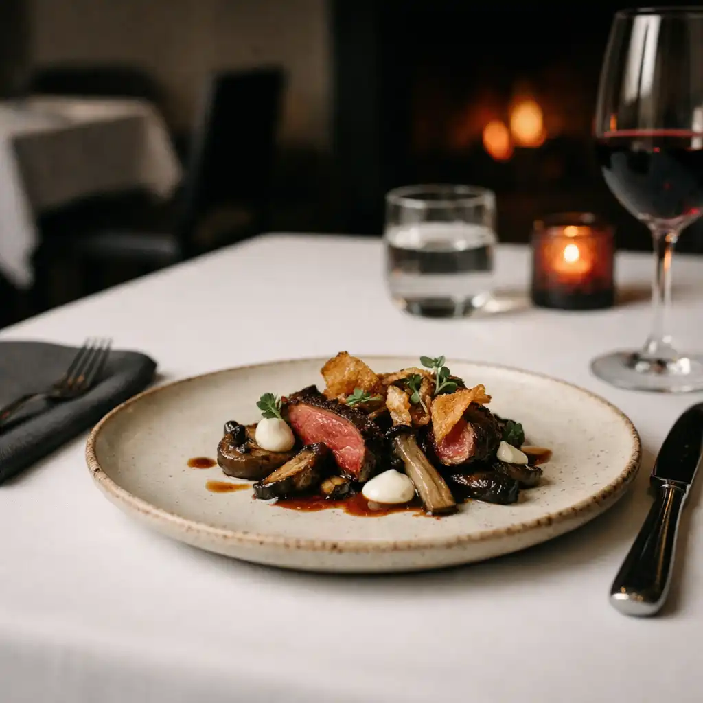 Carefully plated dish on a white restaurant table at The Grand Hearth