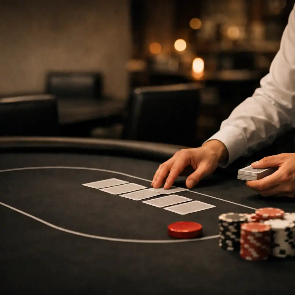 Hands preparing cards and chips at a physical poker table in The Grand Hearth card room