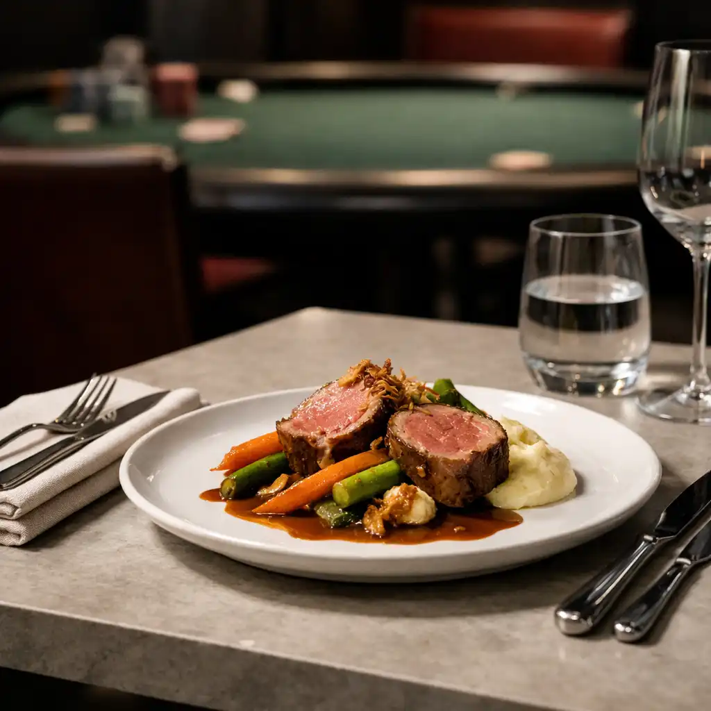 A refined plated dish in The Grand Hearth restaurant with a softly suggested poker table behind