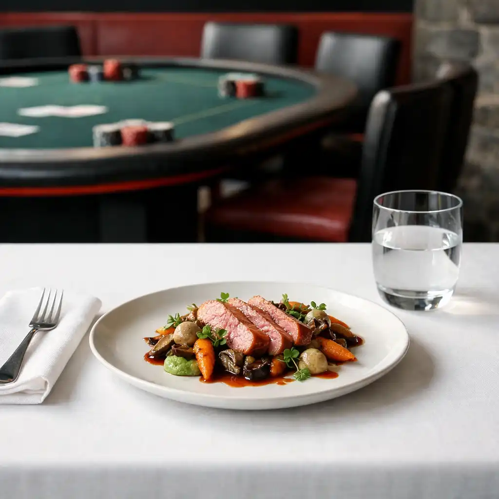A plated dish in The Grand Hearth restaurant with a poker table softly visible in the background.