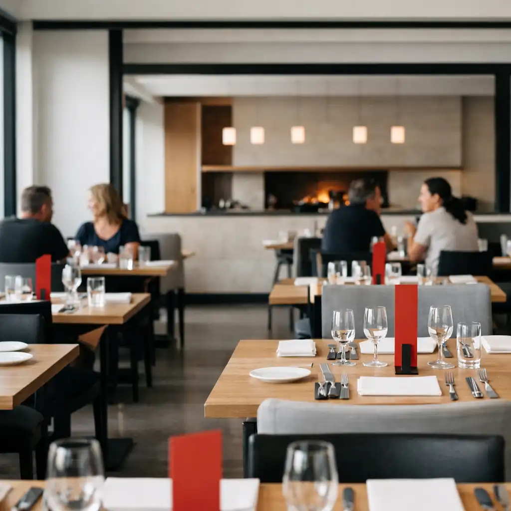Interior view of The Grand Hearth dining room with aligned restaurant tables