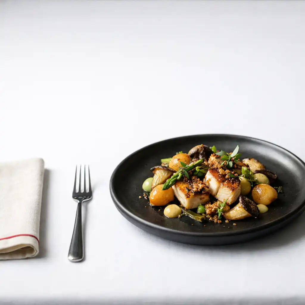 A composed plated dish on a white restaurant table
