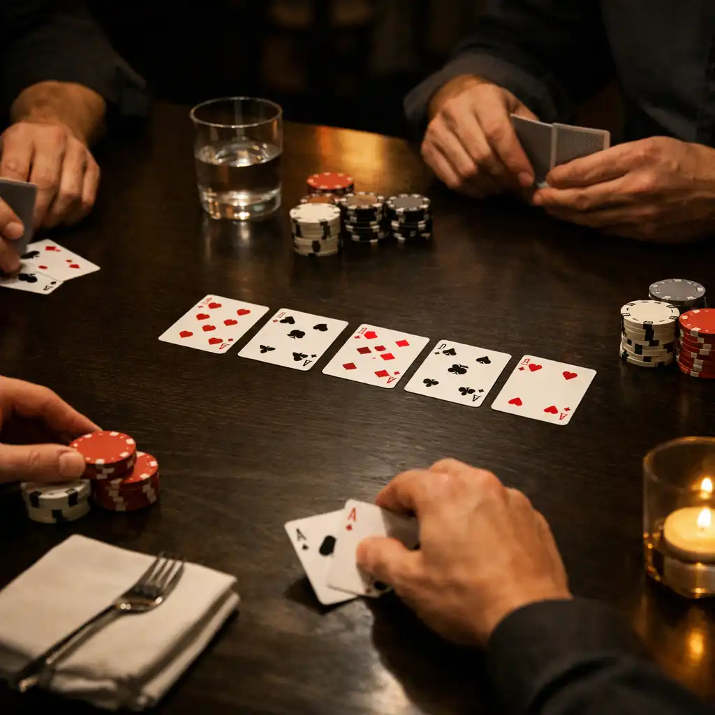 Adult hands, playing cards and chips around a physical table at The Grand Hearth