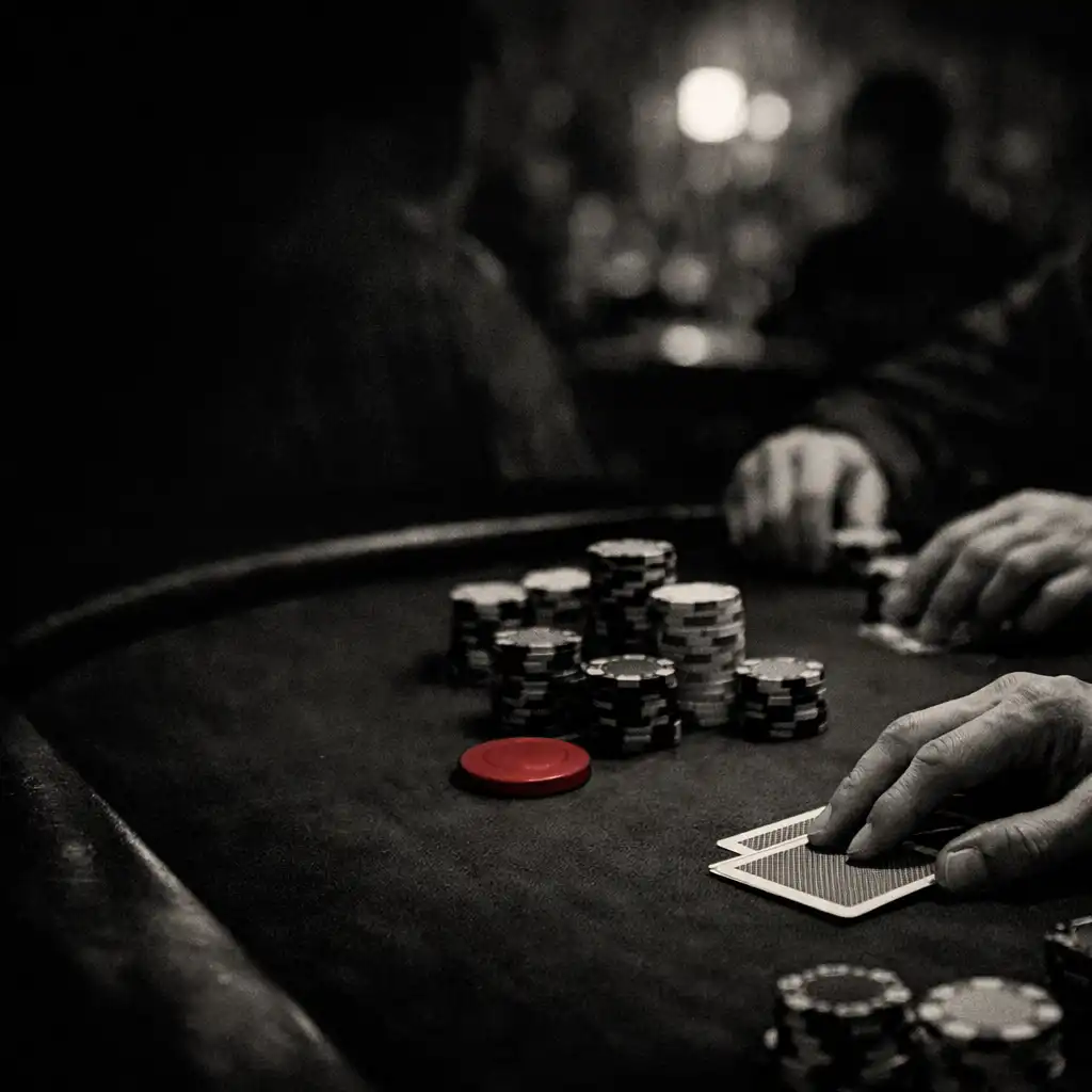 Hands, cards and chips gathered around a physical Texas Hold’em table at The Grand Hearth.