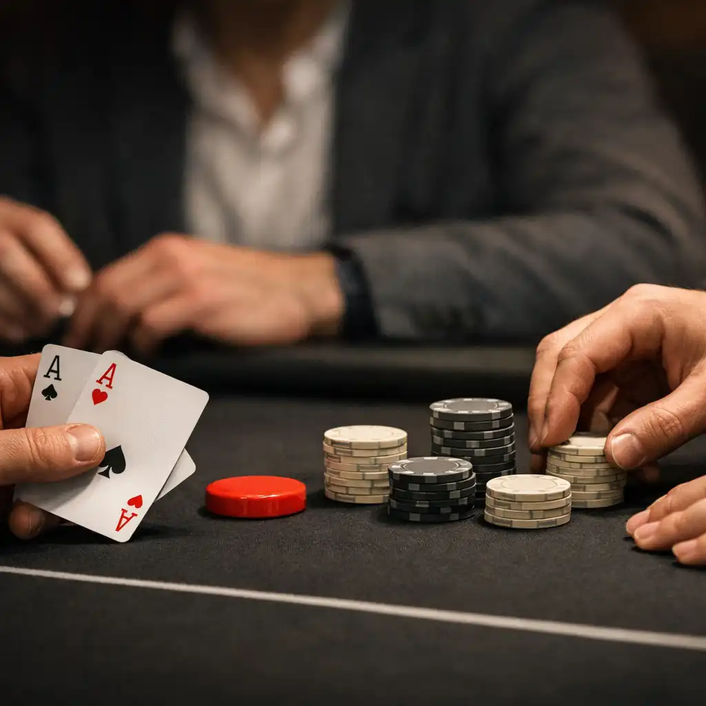 Hands holding physical cards beside chips on an on-site poker table