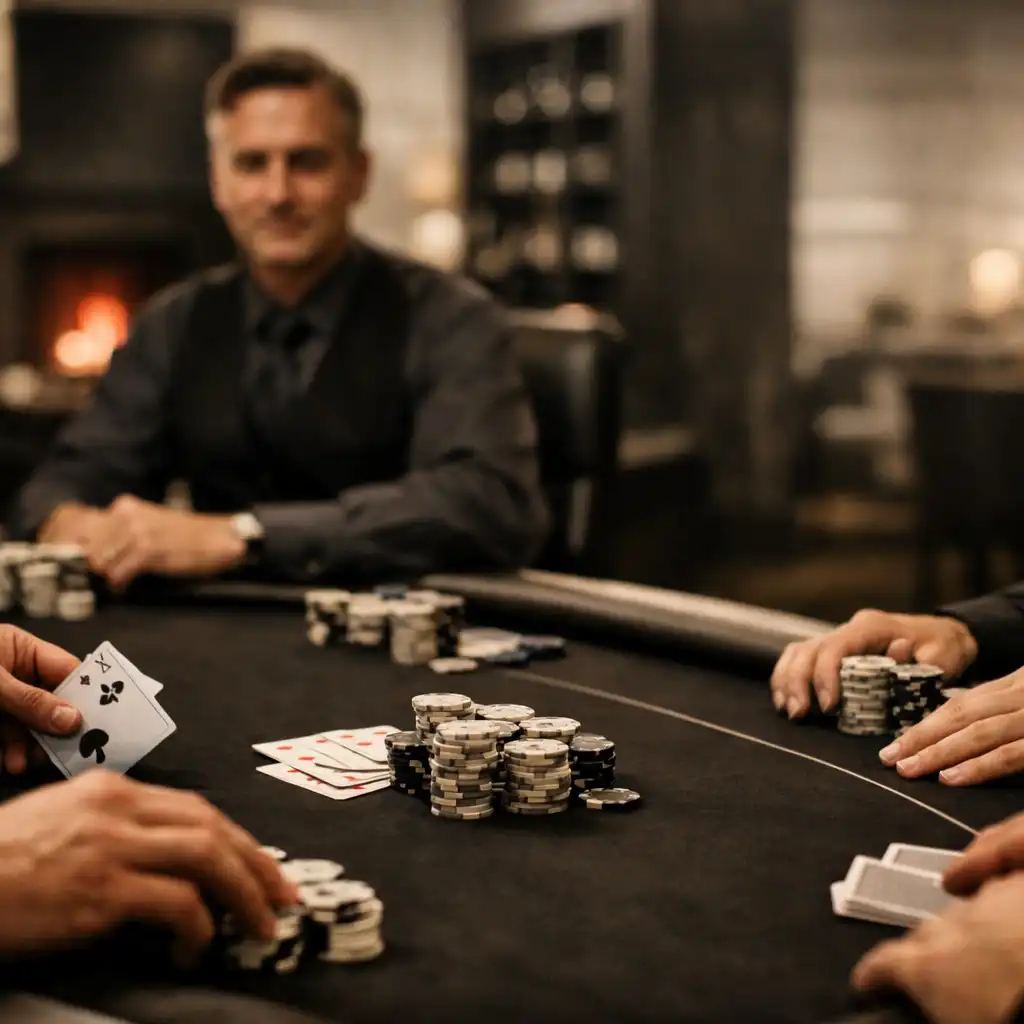 Hands, cards and chips arranged around a physical poker table in The Grand Hearth restaurant