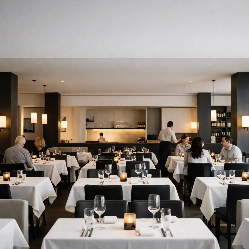 Wide view across The Grand Hearth dining room prepared for an evening