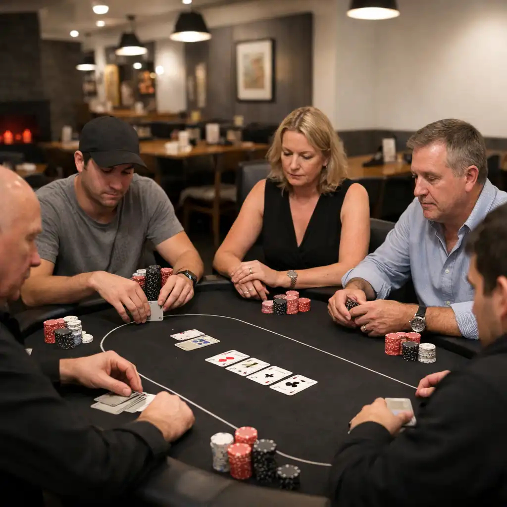 Guests gathered around a physical Texas Hold’em table in The Grand Hearth card room.